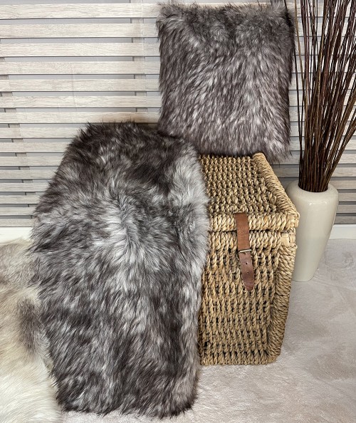 Long haired luxury brown fur blanket and cushion