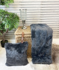 Grey fake fur blanket with matching cushion