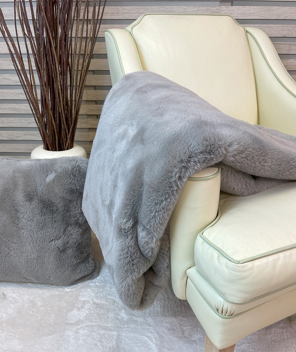 Luxury grey brown, short haired faux fur blanket and cushion