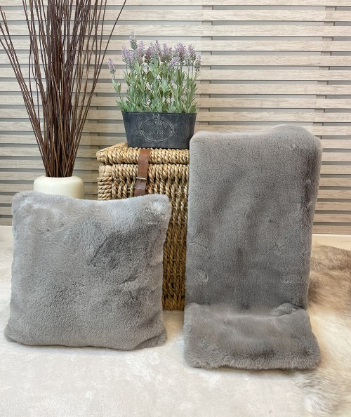 Mushroom coloured, soft fur blanket and cushion in Richmond Taupe design