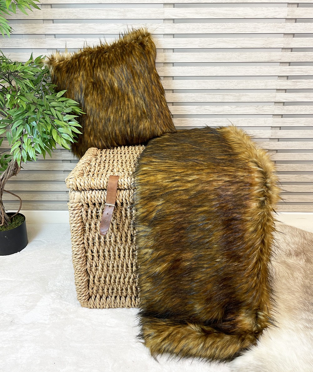 Luxury long haired brown throw in warm ginger tones with matching cushion