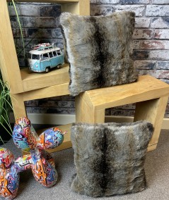 Brown and grey, striped fur cushion covers