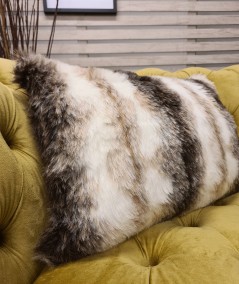 Rectangular fur cushion in brown and cream