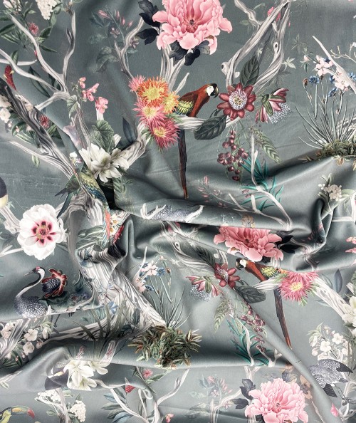 Grey and pink floral printed velvet fabric