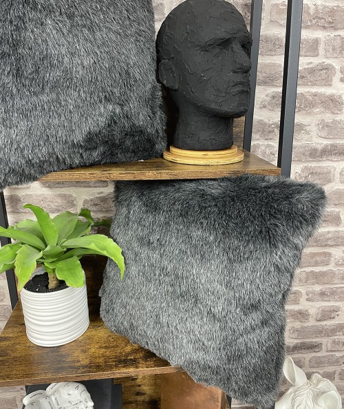 Plain dark grey faux fur cushions