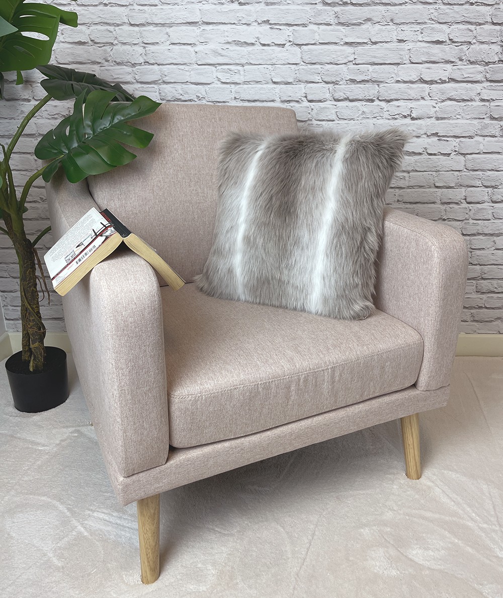 Taupe and white striped fake fur cushions