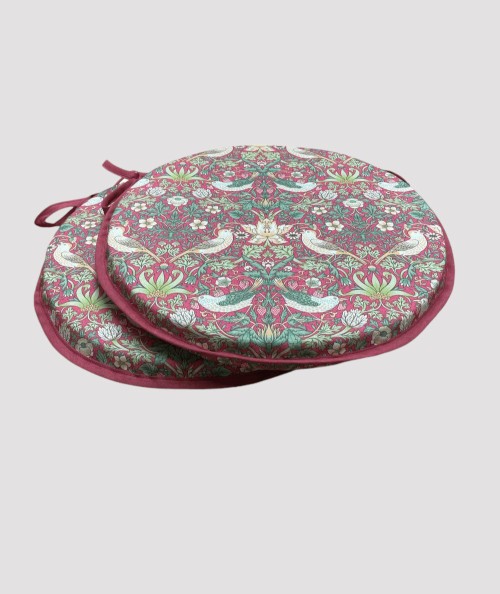 Red floral round bistro seat pad with ties