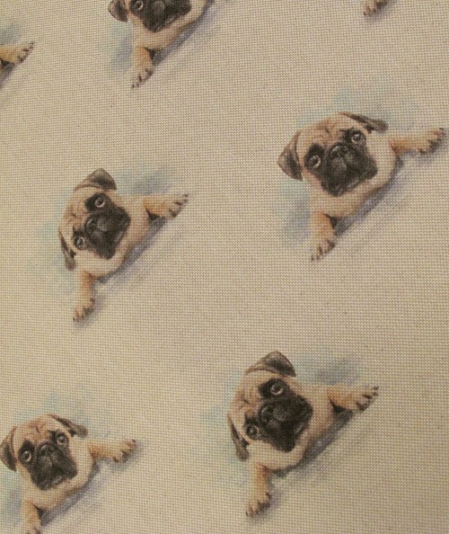 Close up image of the small pug print fabric