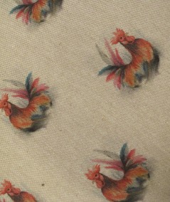 Close up image of the small rooster print seat pad fabric